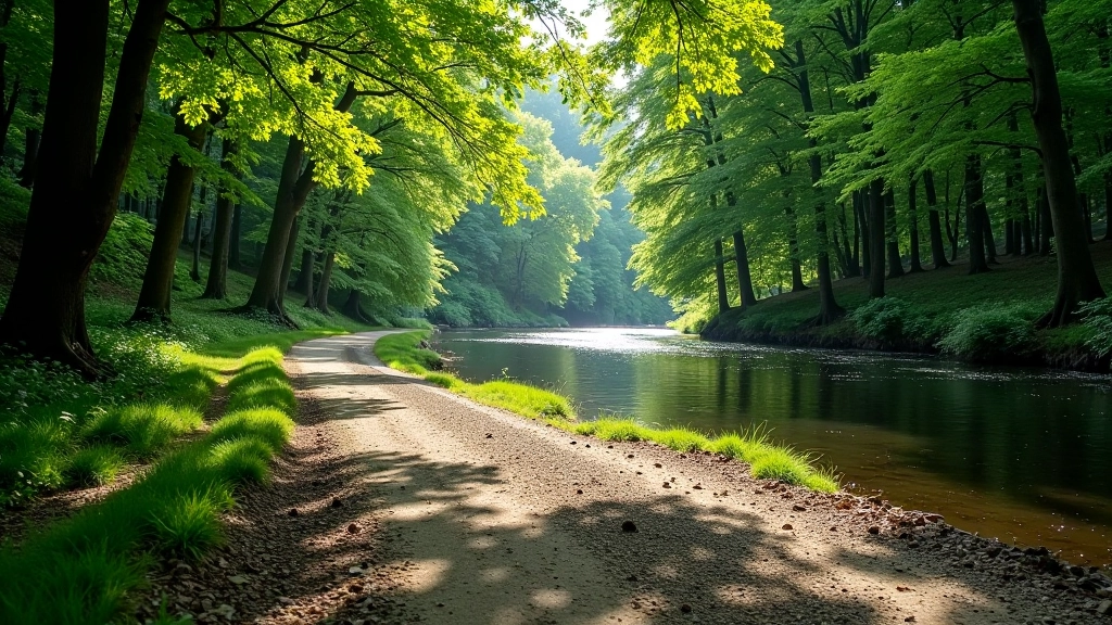 Sena žvyro kelionė šalia Jūros upės, aplinkui medžiai ir žolės, saulės šviesa pro lapijimą