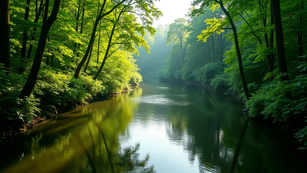 Gražus upės vingiavimas apsuptytas žalio miško, saulės šviesa krenta tarp medžių