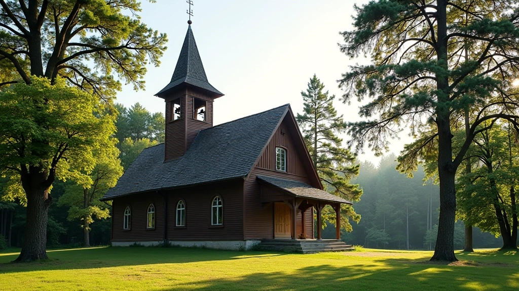 Sena medinė bažnyčia tarp medžių, tradicinė lietuviška architektūra, aukšta varpinė, ramaus kaimo aplinka